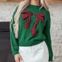  HIDDEN GEMS | Christmas Plaid Bow Drop Shoulder Sweater
