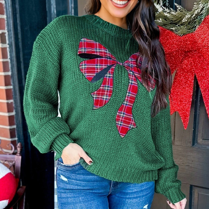 HIDDEN GEMS | Christmas Plaid Bow Drop Shoulder Sweater