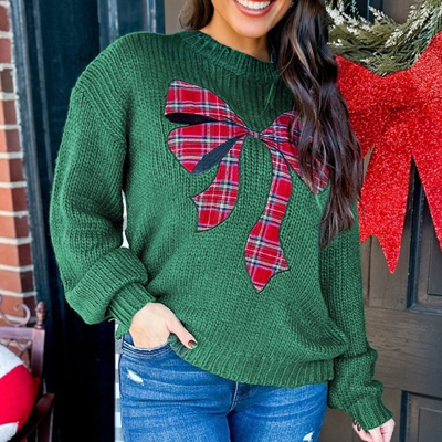 HIDDEN GEMS | Christmas Plaid Bow Drop Shoulder Sweater