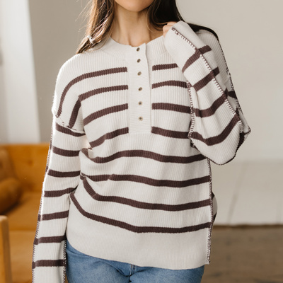 Stripe Ribbed Henley Slouchy Sweater