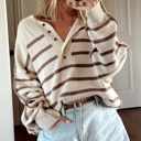  HIDDEN GEMS | Stripe Ribbed Henley Slouchy Sweater