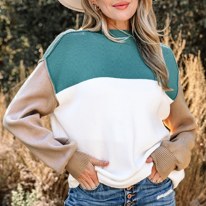 HIDDEN GEMS | Colorblock Ribbed Knit Long Sleeve Sweater