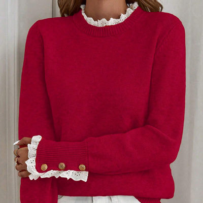 HIDDEN GEMS | Eyelet Lace Trim Buttoned Cuff Sweater