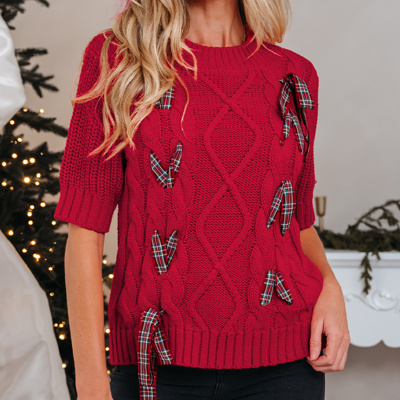 HIDDEN GEMS | Christmas Plaid Lace-Up Puff Sleeve Sweater
