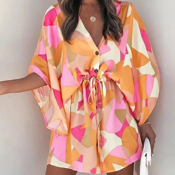 SALE! Printed Buttoned Kimono Sleeve Dress