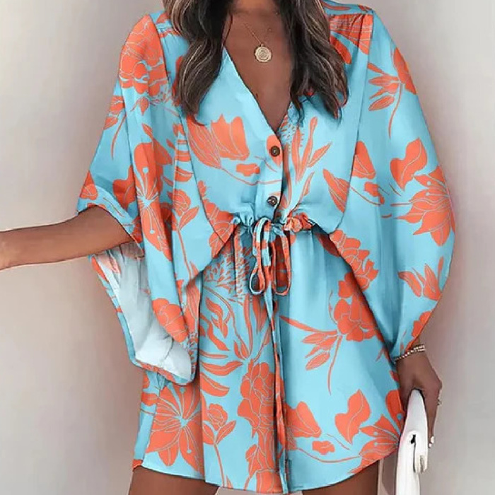 SALE! Printed Buttoned Kimono Sleeve Dress