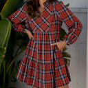  HIDDEN GEMS | Plaid Frilled Collar Long Sleeve Mini Dress