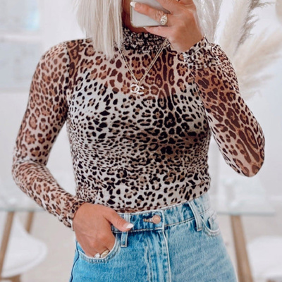 HIDDEN GEMS Leopard Mesh Smock Neck Top