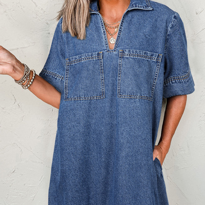 HIDDEN GEMS | Denim Collared V-Neck Pocketed Dress
