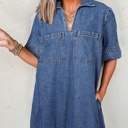  HIDDEN GEMS | Denim Collared V-Neck Pocketed Dress