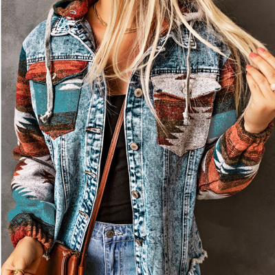 HIDDEN GEMS | Aztec Denim Patchwork Hooded Jacket