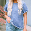  SALE! Denim Raw Edge Short Sleeve Top