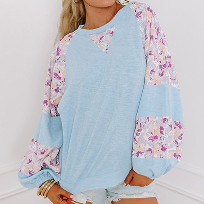 HIDDEN GEMS | Floral Patchwork Balloon Sleeve Ribbed Blouse