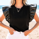  HIDDEN GEMS | Leather Patchwork Ruffle Sleeve Blouse