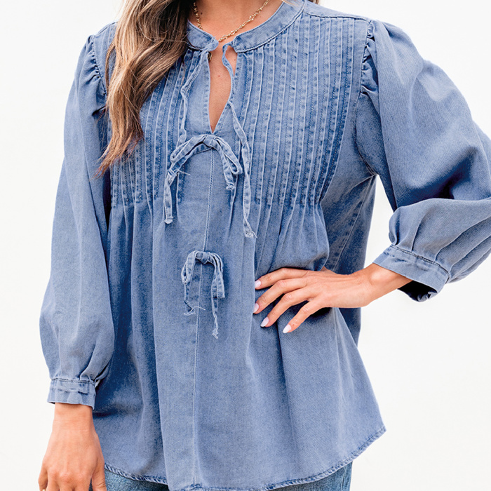 HIDDEN GEMS | Denim Daze Bow Tie Pleated Top