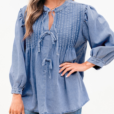 HIDDEN GEMS | Denim Daze Bow Tie Pleated Top