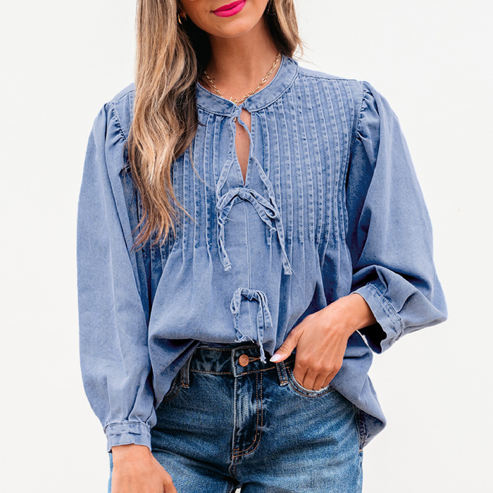 HIDDEN GEMS | Denim Daze Bow Tie Pleated Top