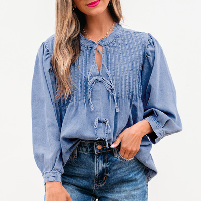 HIDDEN GEMS | Denim Daze Bow Tie Pleated Top