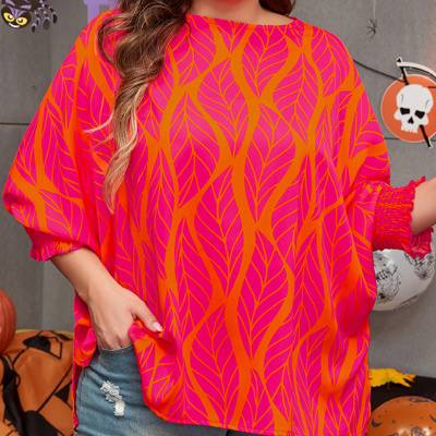 HIDDEN GEMS | Plus Size Tropical Leaves Lantern Sleeve Blouse