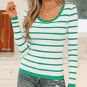  Stripe Scalloped Scoop Neck Ribbed Knit Sweater