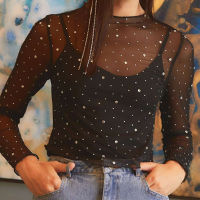 HIDDEN GEMS | Rhinestone Mesh Long Sleeve Top