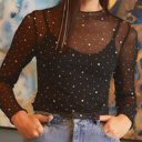  HIDDEN GEMS | Rhinestone Mesh Long Sleeve Top