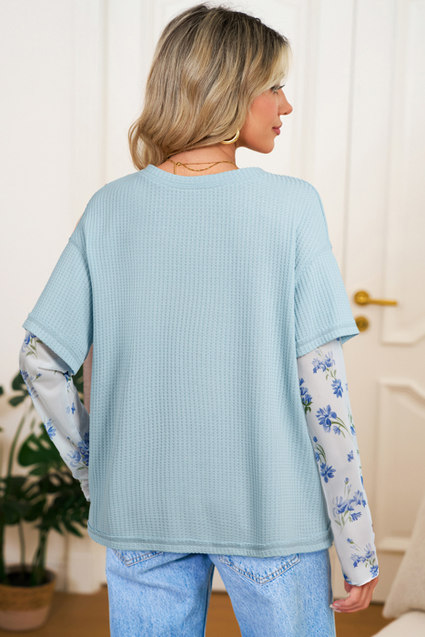 Beautifully Blue Floral Mesh Sleeve Top