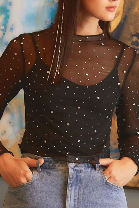 HIDDEN GEMS | Rhinestone Mesh Long Sleeve Top
