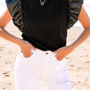  HIDDEN GEMS | Leather Patchwork Ruffle Sleeve Blouse