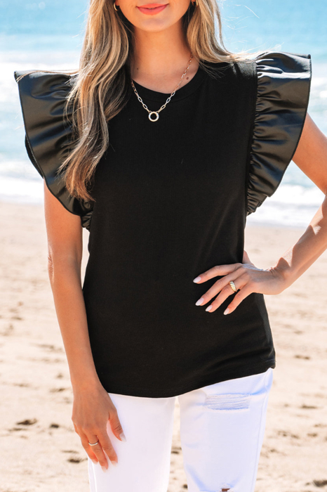 HIDDEN GEMS | Leather Patchwork Ruffle Sleeve Blouse