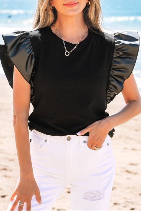 HIDDEN GEMS | Leather Patchwork Ruffle Sleeve Blouse