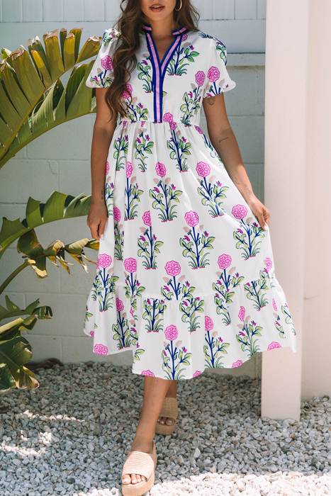 HIDDEN GEMS | Floral Puff Sleeve V-Neck Midi Dress