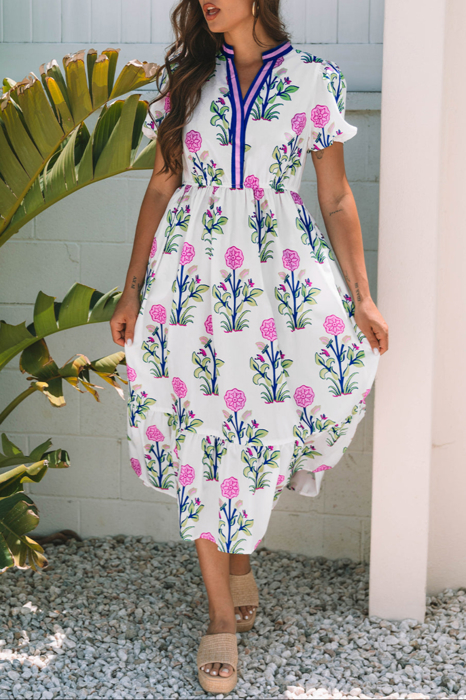 HIDDEN GEMS | Floral Puff Sleeve V-Neck Midi Dress
