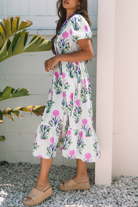 HIDDEN GEMS | Floral Puff Sleeve V-Neck Midi Dress