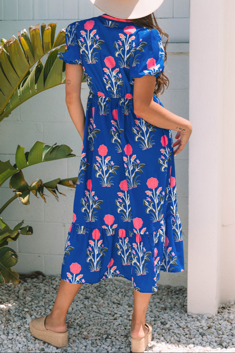 HIDDEN GEMS | Floral Puff Sleeve V-Neck Midi Dress
