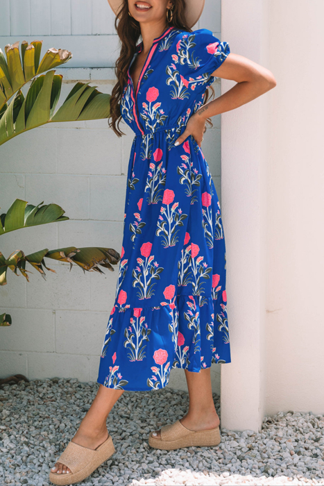 HIDDEN GEMS | Floral Puff Sleeve V-Neck Midi Dress