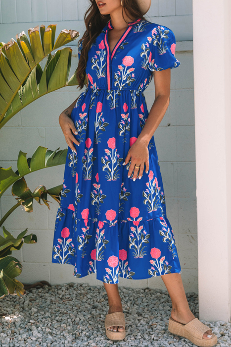HIDDEN GEMS | Floral Puff Sleeve V-Neck Midi Dress