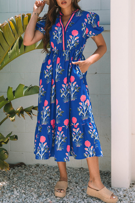 HIDDEN GEMS | Floral Puff Sleeve V-Neck Midi Dress
