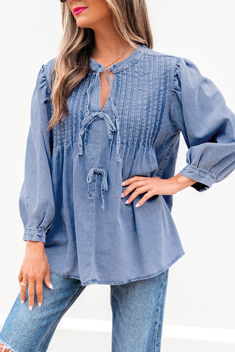 HIDDEN GEMS | Denim Daze Bow Tie Pleated Top