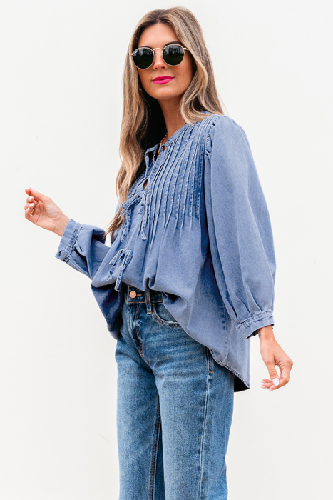 HIDDEN GEMS | Denim Daze Bow Tie Pleated Top