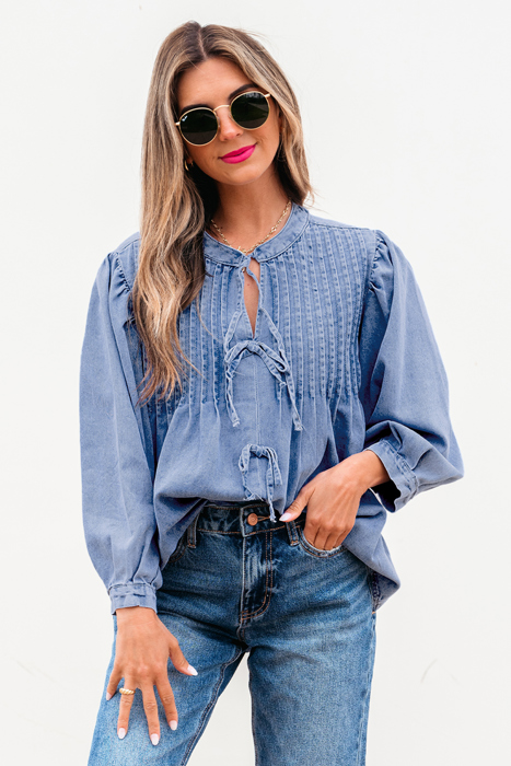 HIDDEN GEMS | Denim Daze Bow Tie Pleated Top