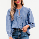 HIDDEN GEMS | Denim Daze Bow Tie Pleated Top