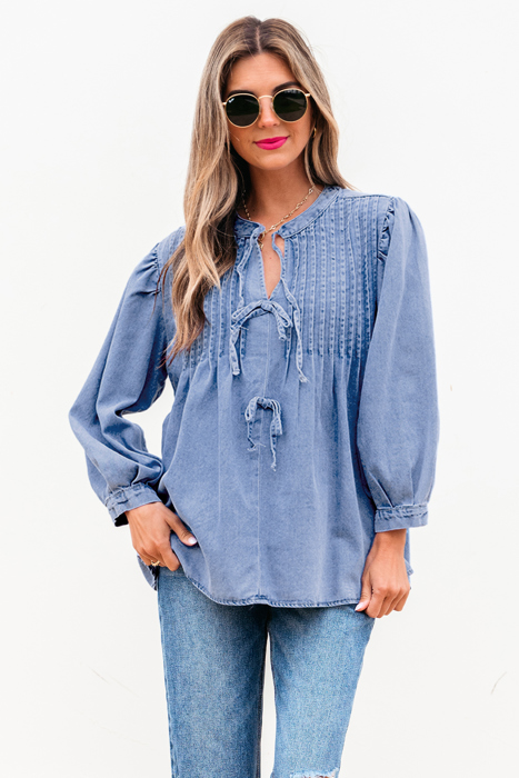 HIDDEN GEMS | Denim Daze Bow Tie Pleated Top
