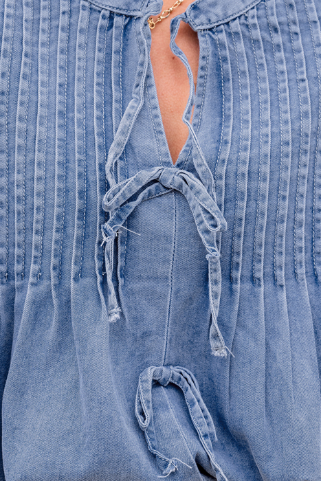 HIDDEN GEMS | Denim Daze Bow Tie Pleated Top