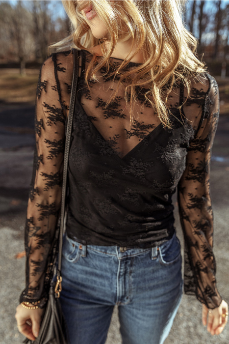HIDDEN GEMS | Lace Mesh Sheer Long Sleeve Blouse