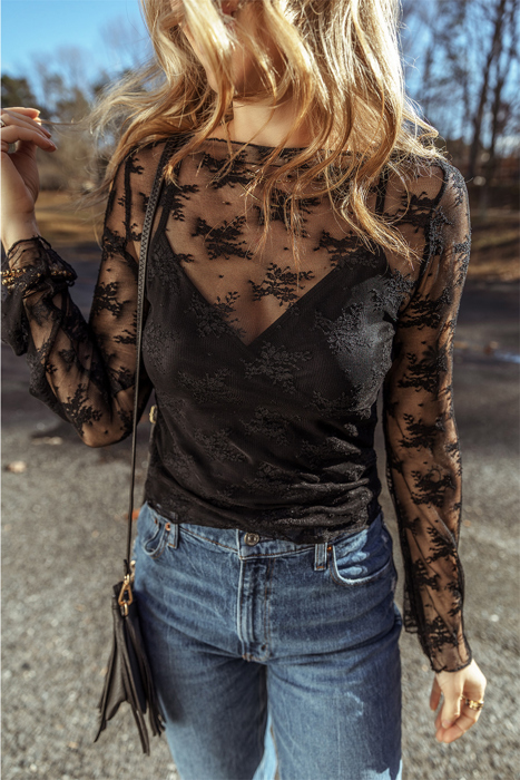 HIDDEN GEMS | Lace Mesh Sheer Long Sleeve Blouse