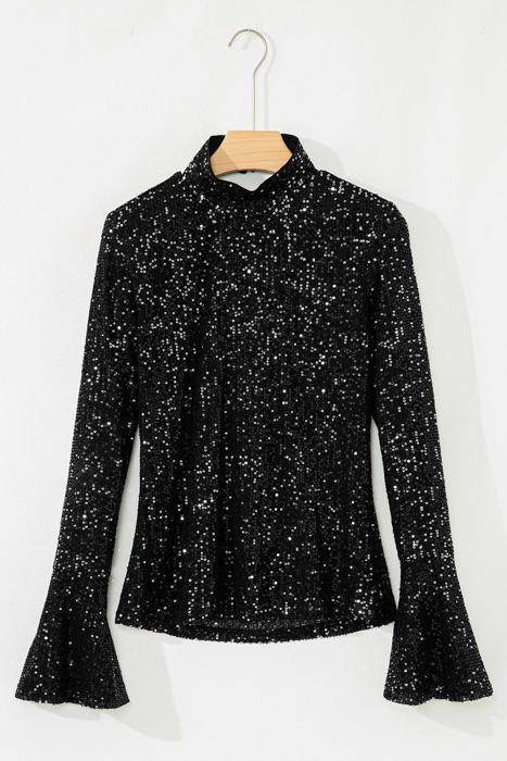 HIDDEN GEMS | Solid Sequin Backless Bell Sleeve Top