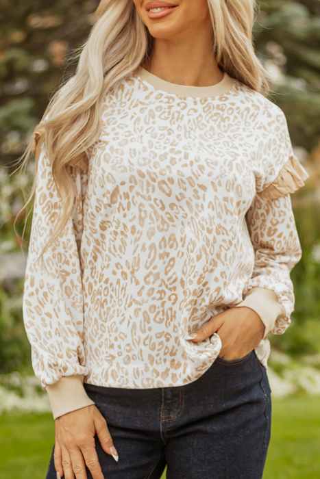 HIDDEN GEMS | Leopard Ruffle Ribbed Trim Sweatshirt