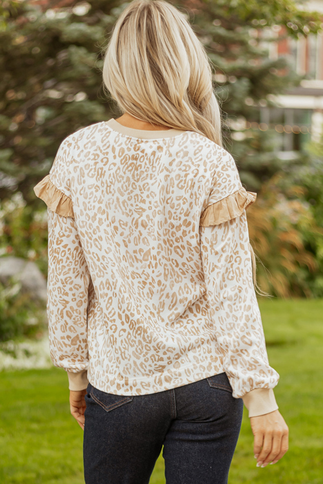 HIDDEN GEMS | Leopard Ruffle Ribbed Trim Sweatshirt