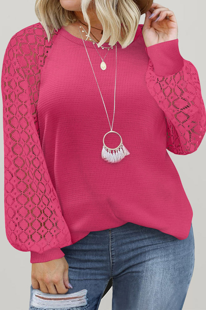 SALE! Plus Size Lace Sleeve Waffle Top